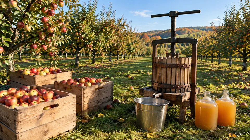 Æbleplantage om efteråret med kasser fulde af æbler, en traditionel frugtpresse af træ og to glaskander med uklar æblemost