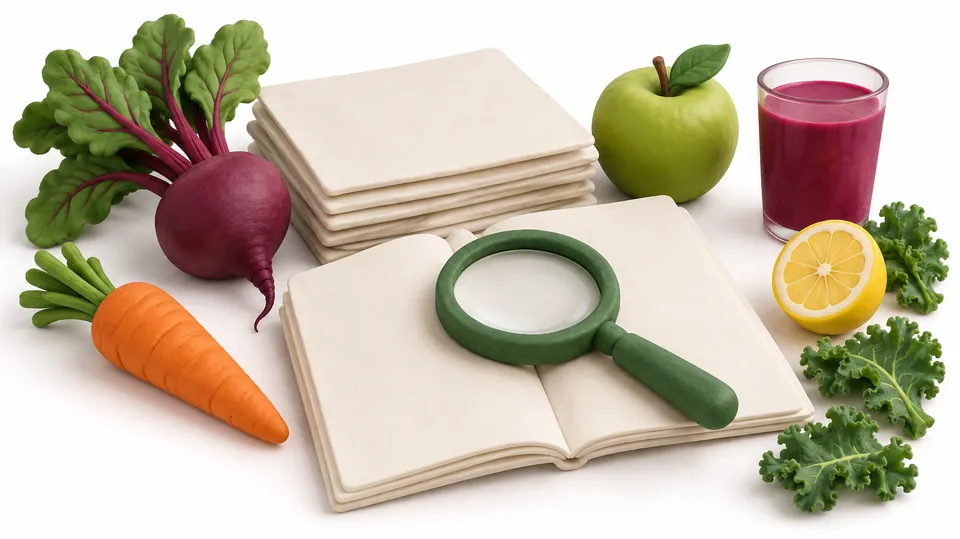 Illustration i ler-look af en stak blanke dokumenter med et forstørrelsesglas, omgivet af rødbede, gulerod, æble, citron, grønkål og et glas juice