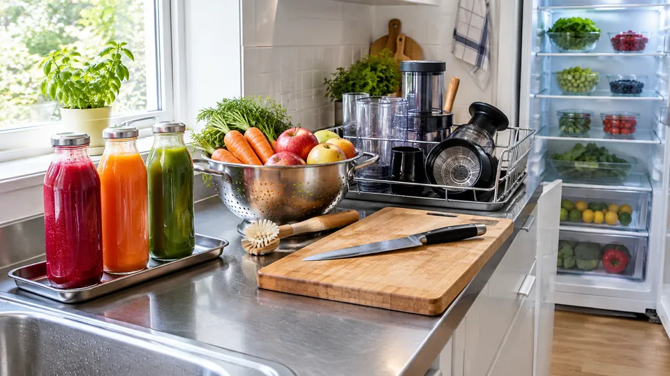 Flasker med friskpresset juice ved en køkkenvask sammen med nyvaskede gulerødder og æbler, en grøntsagsbørste, et skærebræt og rengjorte dele af en juicepresser