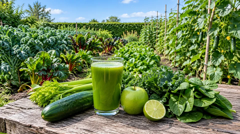 Et glas grøn juice på et havebord med agurk, selleri, grønt æble, lime, grønkål og spinat foran rækker af grøntsager i en køkkenhave