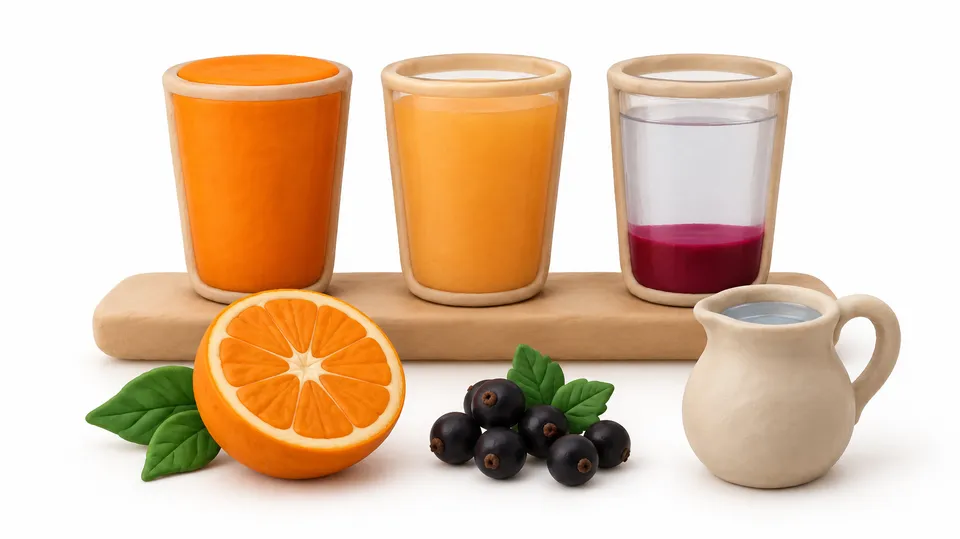 Illustration i ler-look af tre glas på en hylde: et fyldt med orange juice, et med en lysere blanding af juice og vand og et med mørk saft i bunden og vand ovenpå