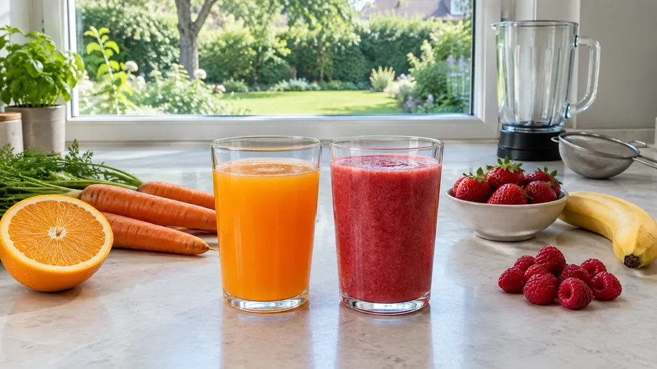 Et glas klar orange juice og et glas tyk rød smoothie side om side på et køkkenbord foran et vindue med udsigt til en have
