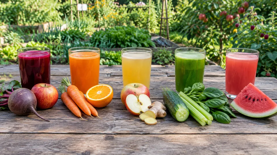 Fem glas juice i forskellige farver på et havebord, hvert med sine råvarer foran, fx rødbede og æble, gulerod og appelsin samt agurk, selleri og spinat