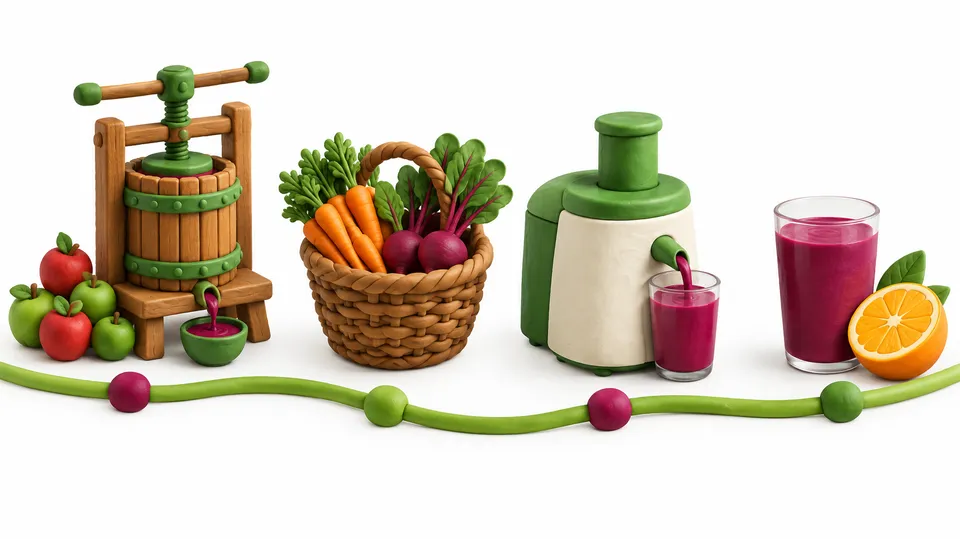 Illustration i ler-look af en tidslinje med en gammel frugtpresse af træ, en kurv med gulerødder og rødbeder, en elektrisk juicepresser og et glas rød juice